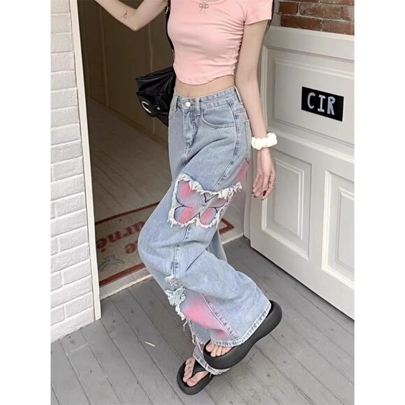 Baggy Ripped Jeans Women Wide Leg Distressed Denim High Waist Streetwear - Picture 5 of 8